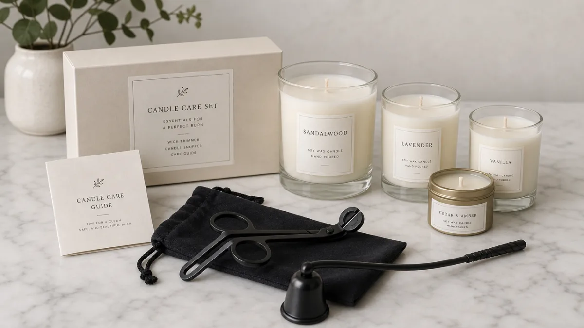 a neatly arranged candle care set with wick trimmers, a snuffer, and…