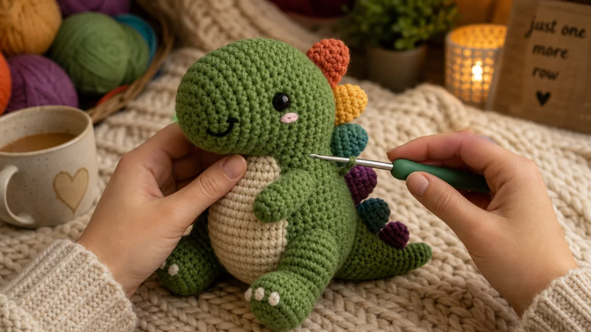 hands crocheting a colorful green chunky dinosaur amigurumi on a cozy knitted…