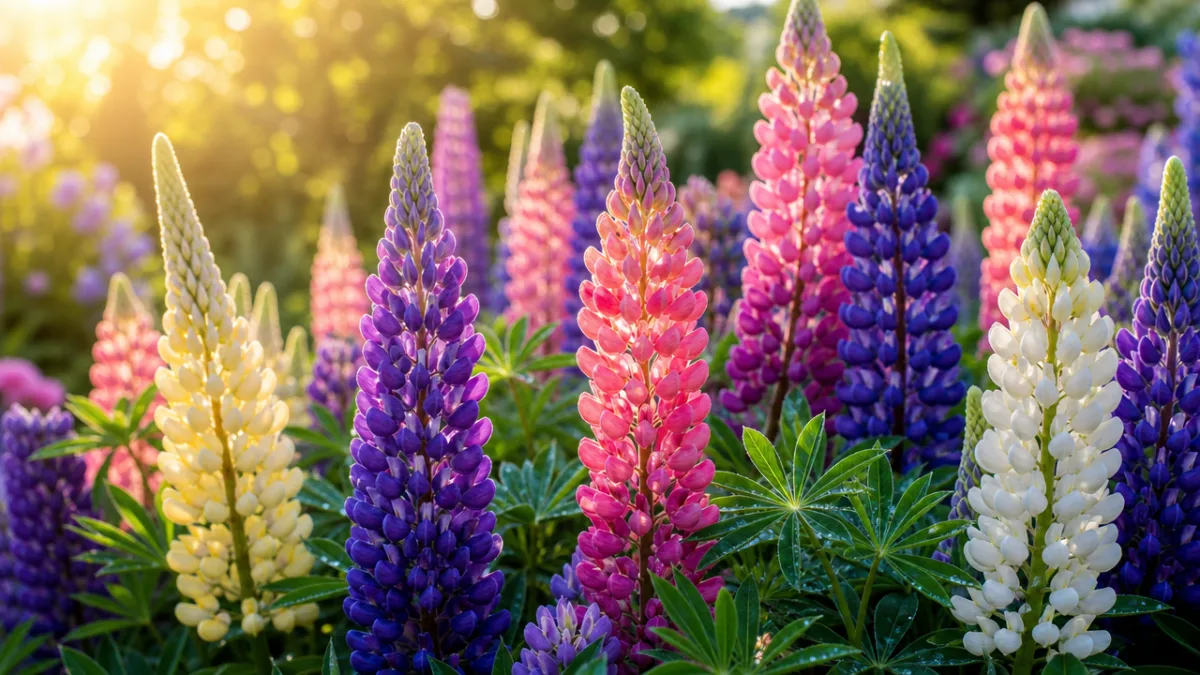 a vibrant garden bed of tall lupine flowers in full bloom, bathed…