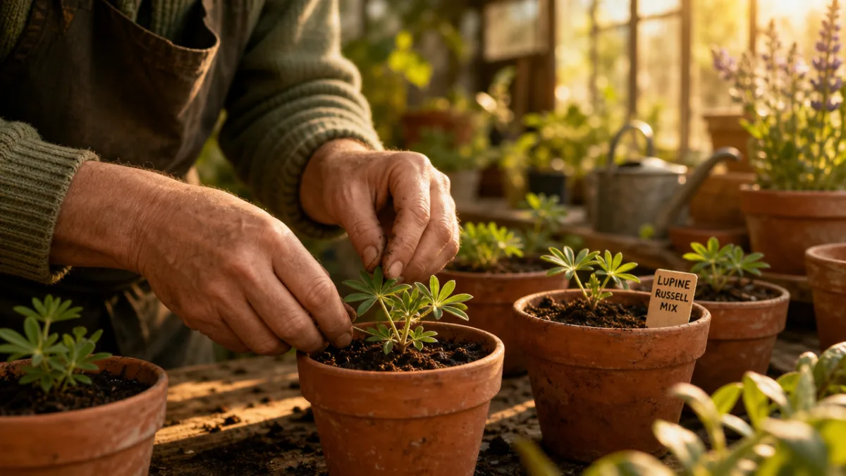 a gardener's hands carefully tending young lupine seedlings in terracotta pots, warm…