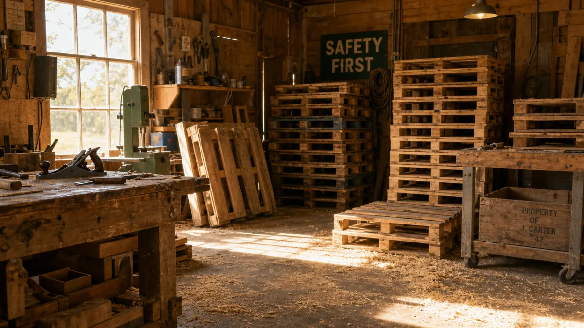 a rustic workshop with stacked wooden pallets in warm afternoon light, sawdust…