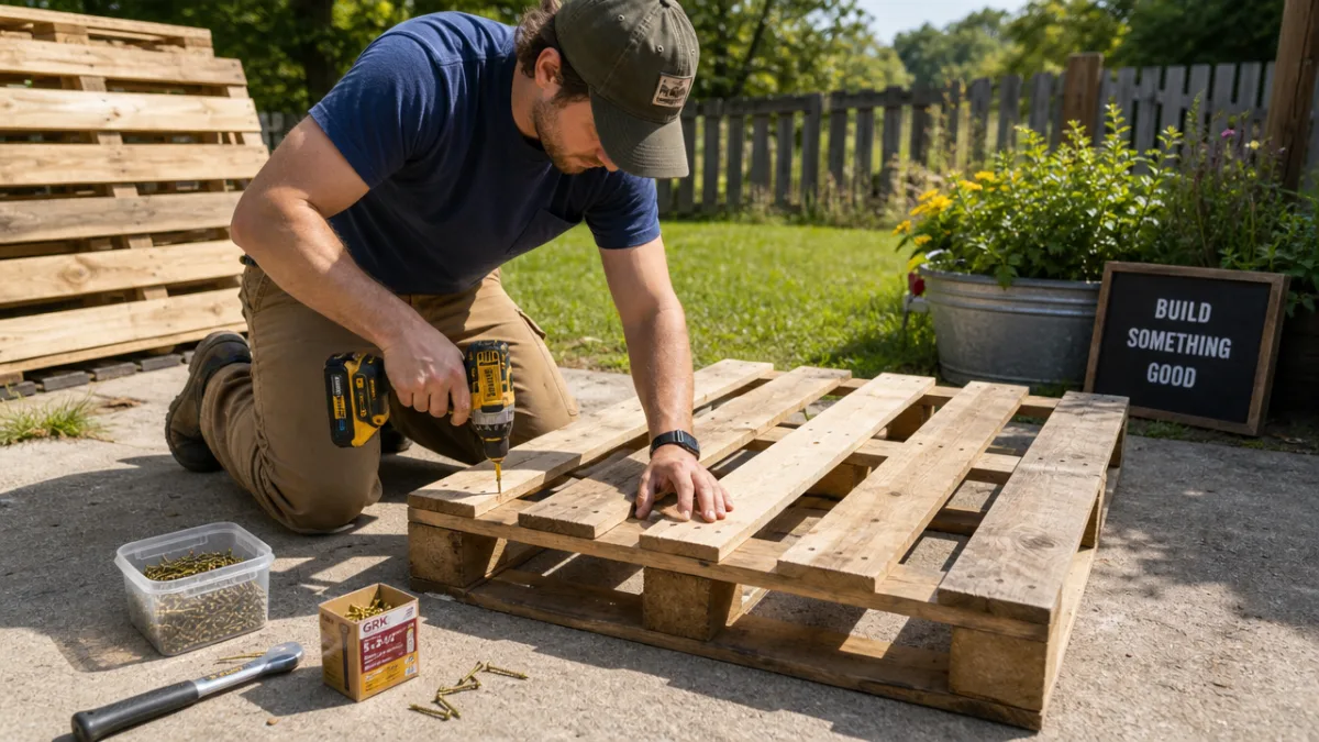 a person assembling wooden pallet boards outdoors on a sunny day, tools…