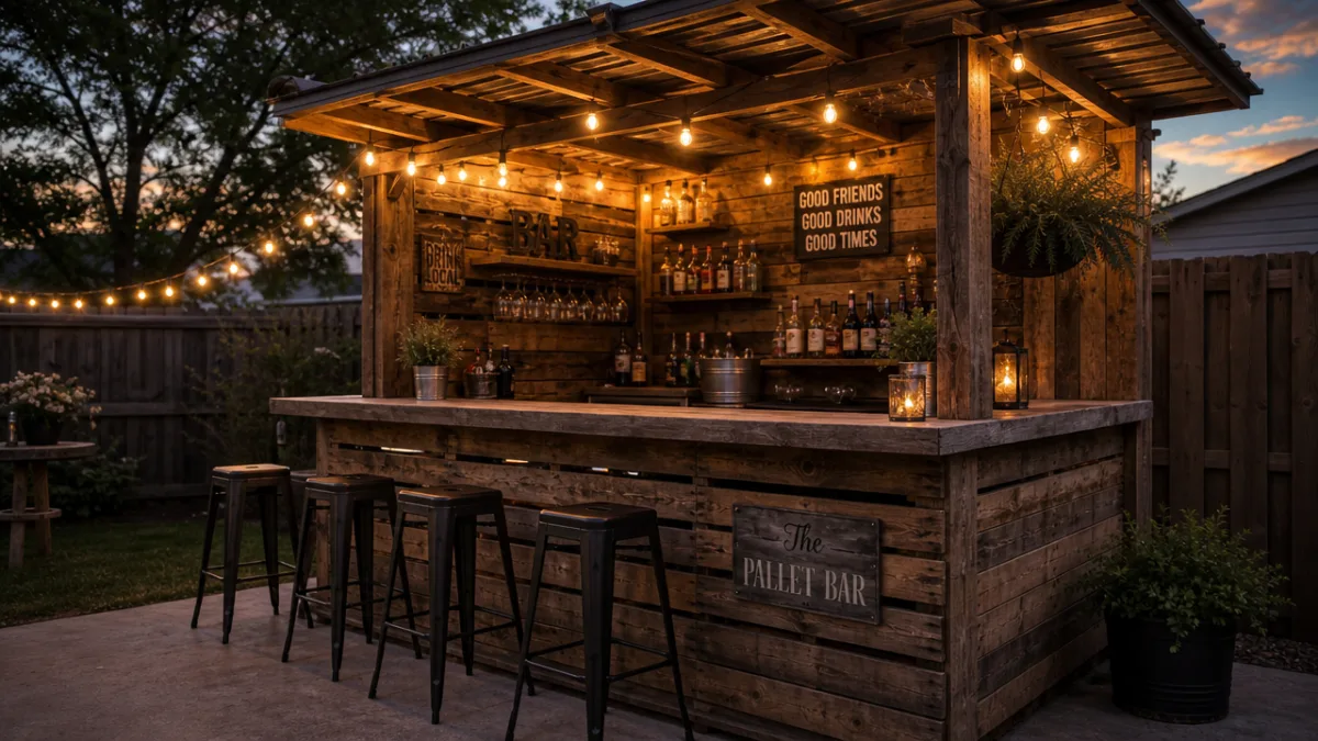 a finished rustic pallet bar outdoors at dusk with warm string lights…