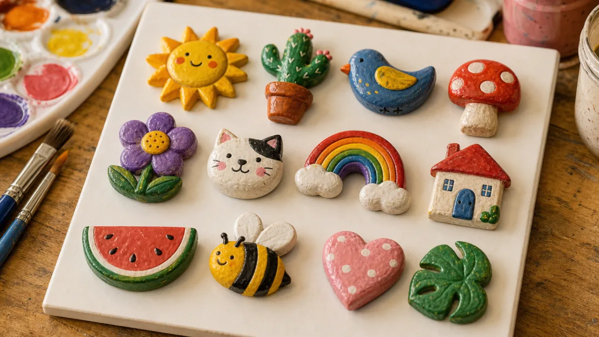 colorful hand-painted clay magnets drying on a white ceramic tile, warm studio…