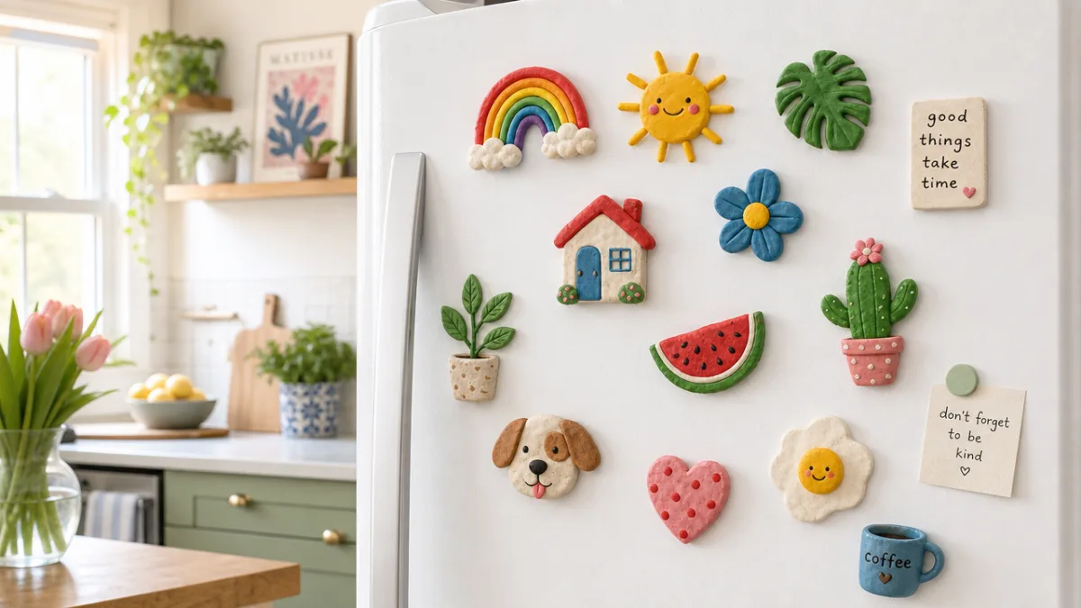 a white refrigerator door decorated with colorful handmade clay magnets, bright airy…