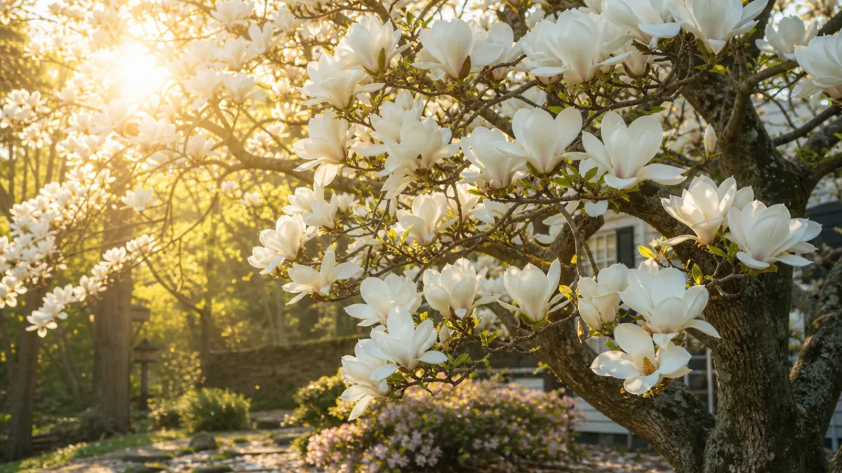 a lush magnolia tree in full bloom outdoors with soft golden morning…