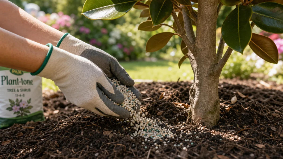 close-up of hands applying granular fertilizer around the base of a magnolia…