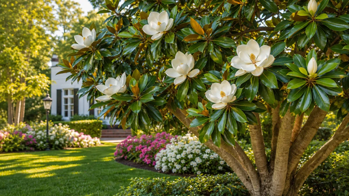 a vibrant magnolia tree with glossy green leaves and creamy white blooms…