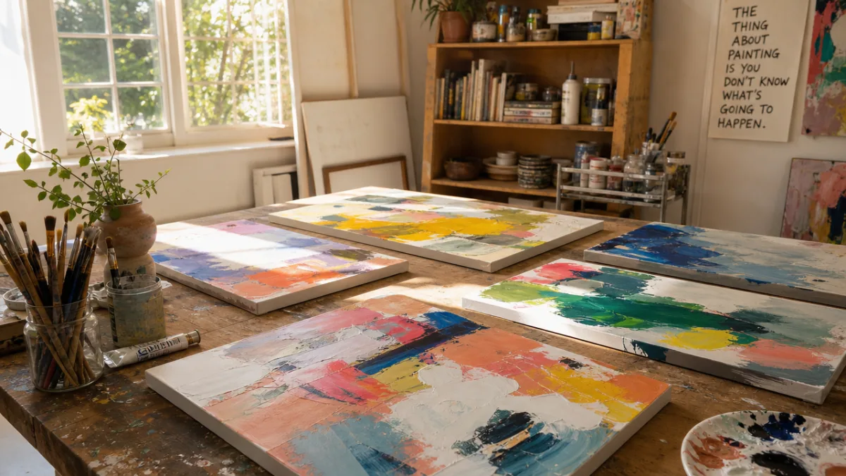 a bright art studio with fresh abstract canvases drying on a sunlit…