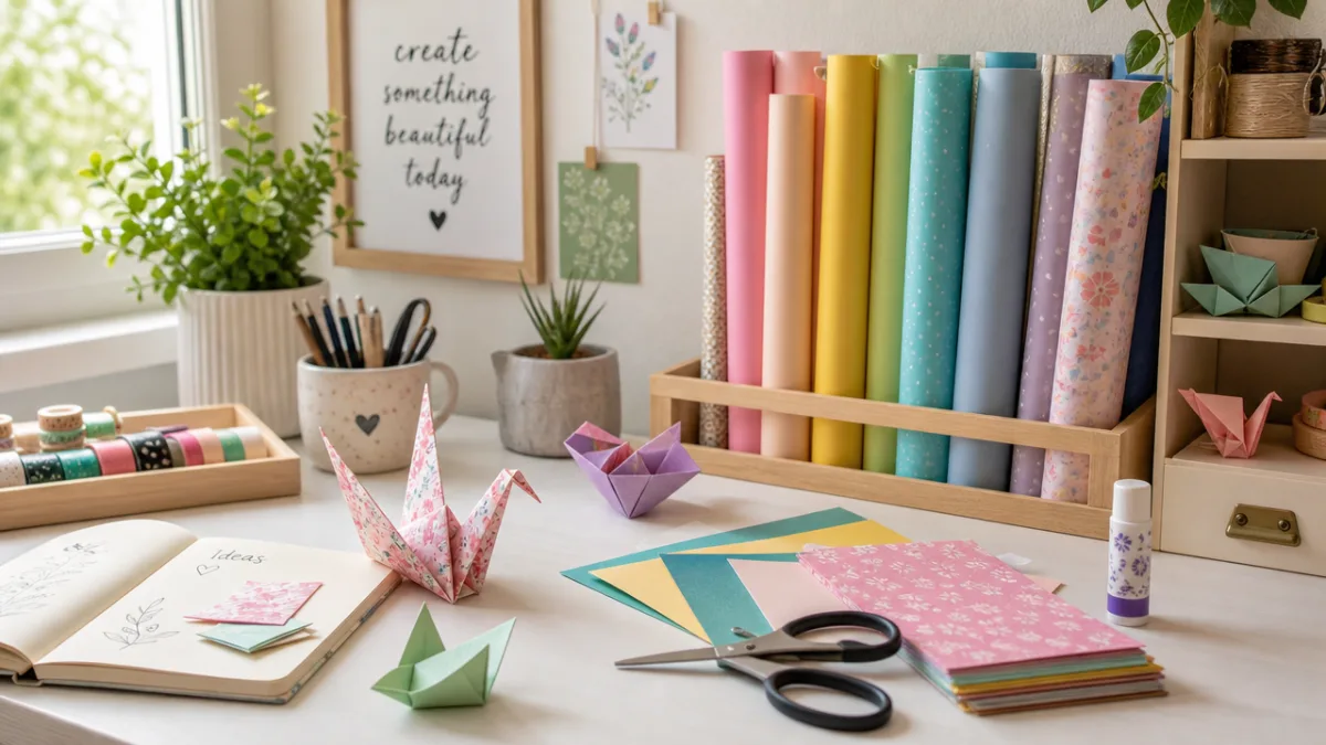a cozy craft workspace with colorful paper rolls, scissors and origami pieces…