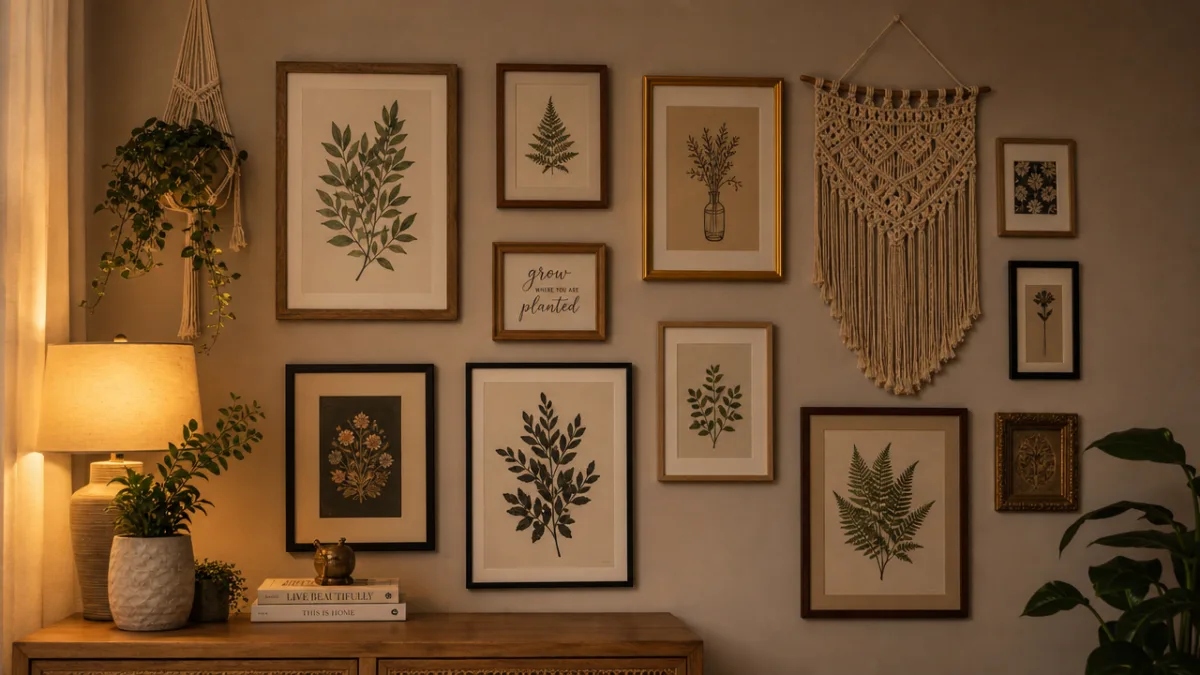 a beautifully arranged gallery wall with mixed frames botanical prints and macramé,…