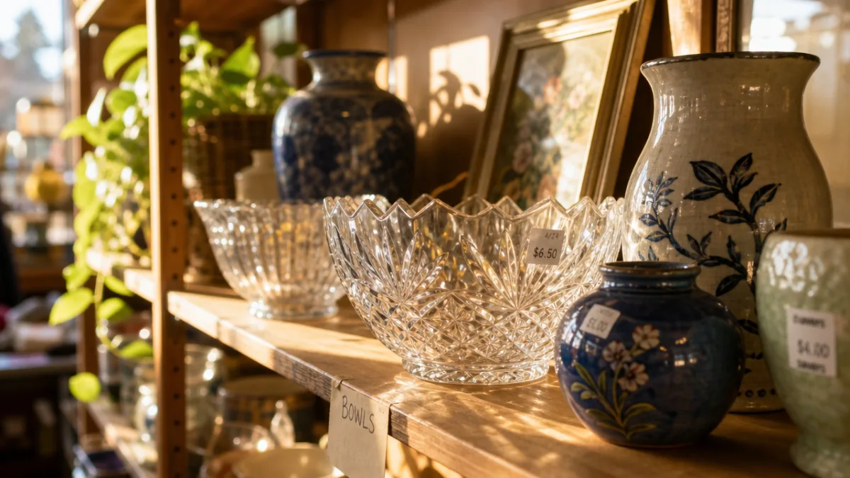 a sunlit thrift store shelf displaying crystal bowls and ceramic vases in…