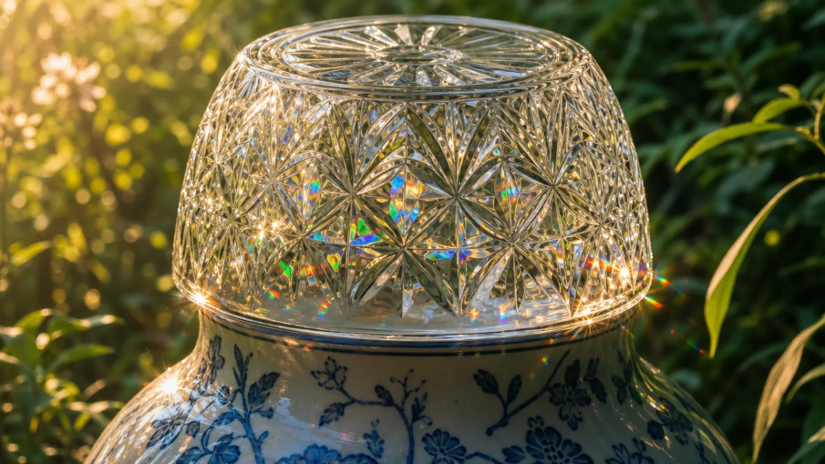 a close-up of a crystal bowl glued upside down on a ceramic…