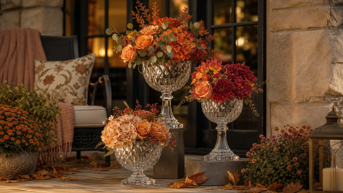 a styled patio corner with three crystal bowl vase ornaments at varying…