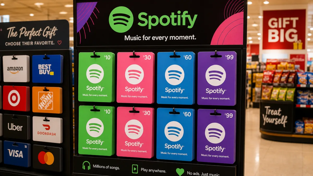 a vibrant retail gift card display rack in a brightly lit store,…