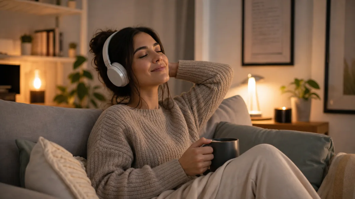 a person relaxing on a couch with wireless headphones enjoying music, soft…