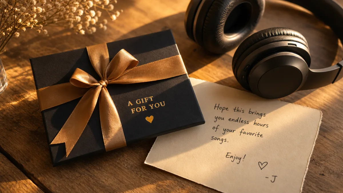 a beautifully wrapped gift card with headphones and a handwritten note on…
