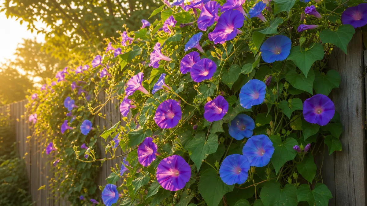 a lush morning glory vine covered in purple and blue trumpet flowers…