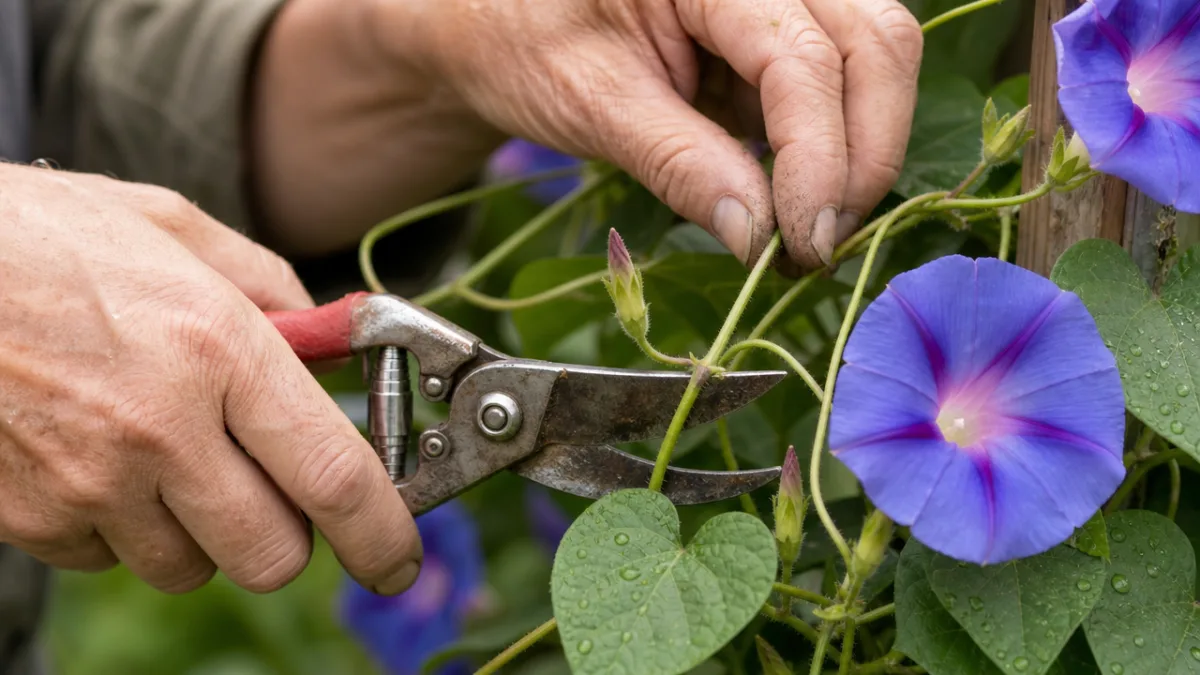 close-up of gardener's hands using pruning shears to trim morning glory stems,…