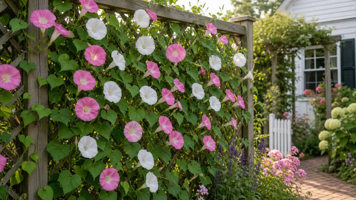 a well-tended garden trellis with morning glory vines neatly trained and blooming…