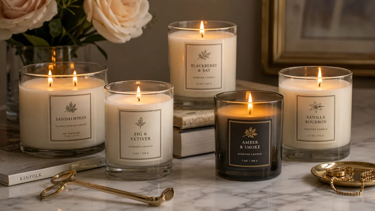 a collection of elegant scented candles in glass jars arranged on a…