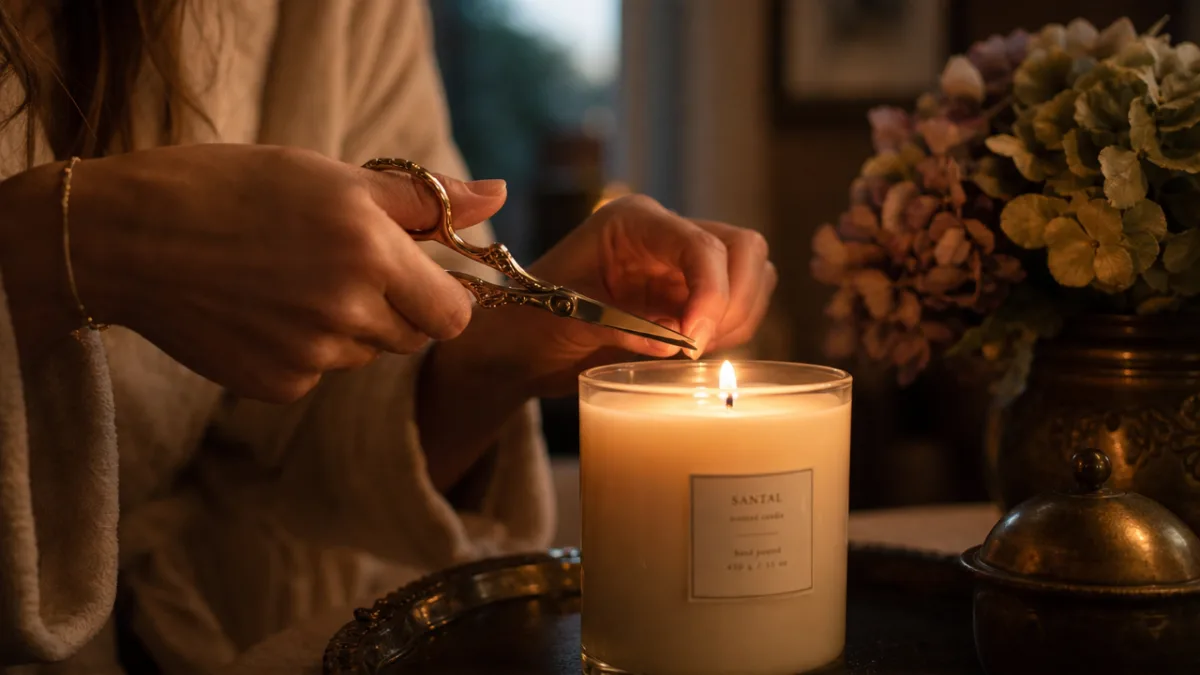 a person carefully trimming a candle wick with elegant scissors beside a…