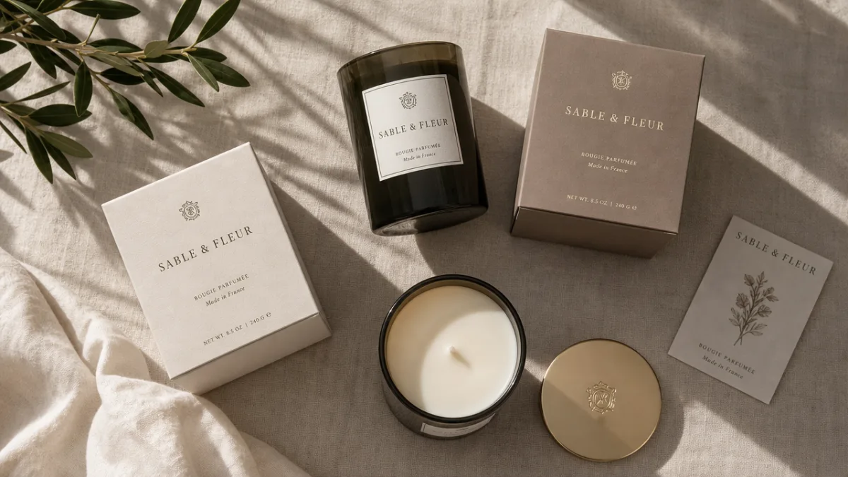 a flat lay of luxury candle jars with elegant packaging on a…