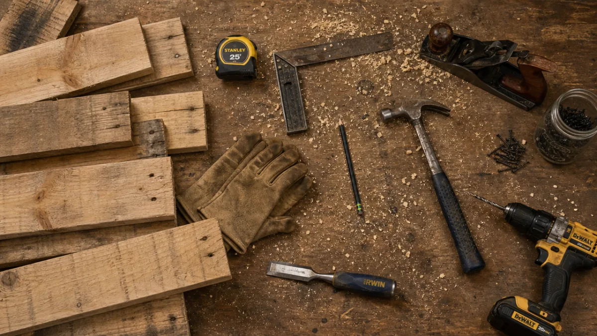 a flat lay of woodworking tools and pallet planks on a garage…