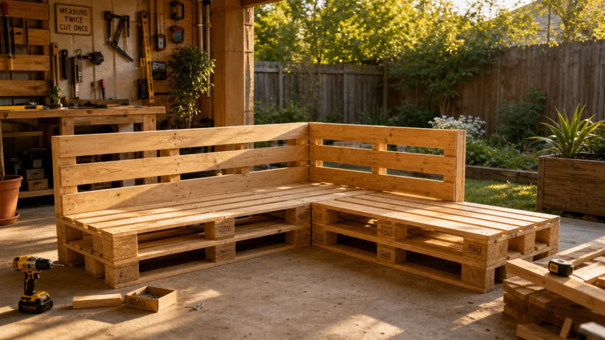 a partially assembled pallet sofa frame in a sunny backyard workshop, golden…