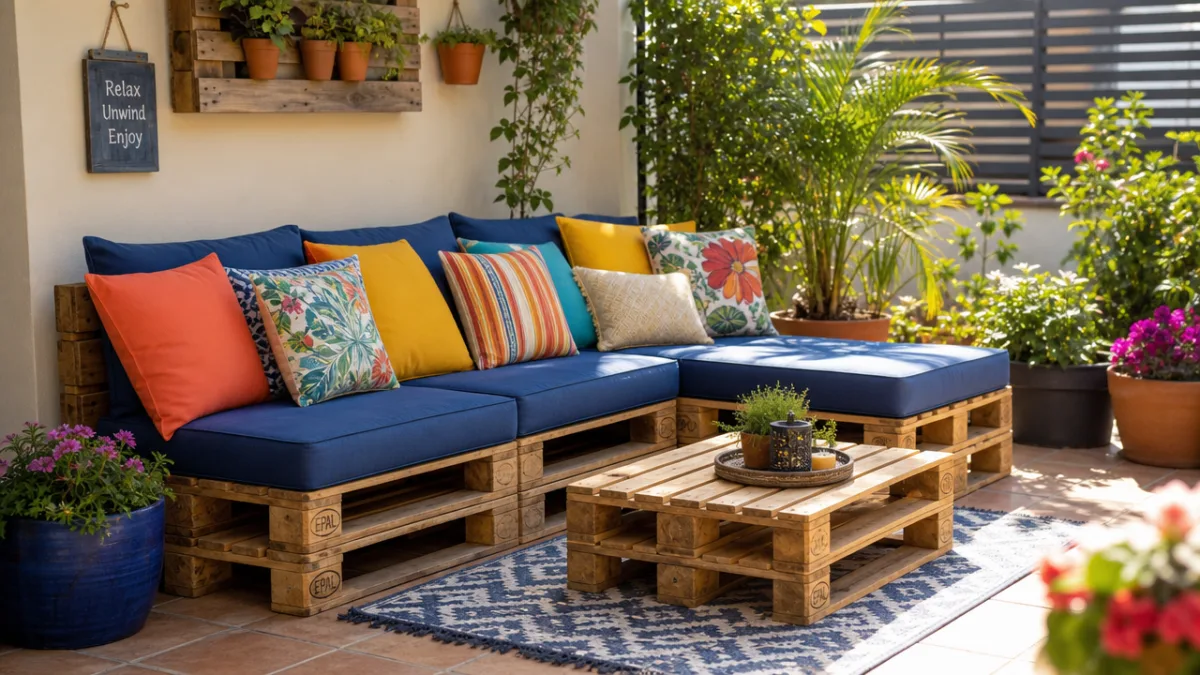 a finished pallet sofa with colorful outdoor cushions on a sunlit patio…