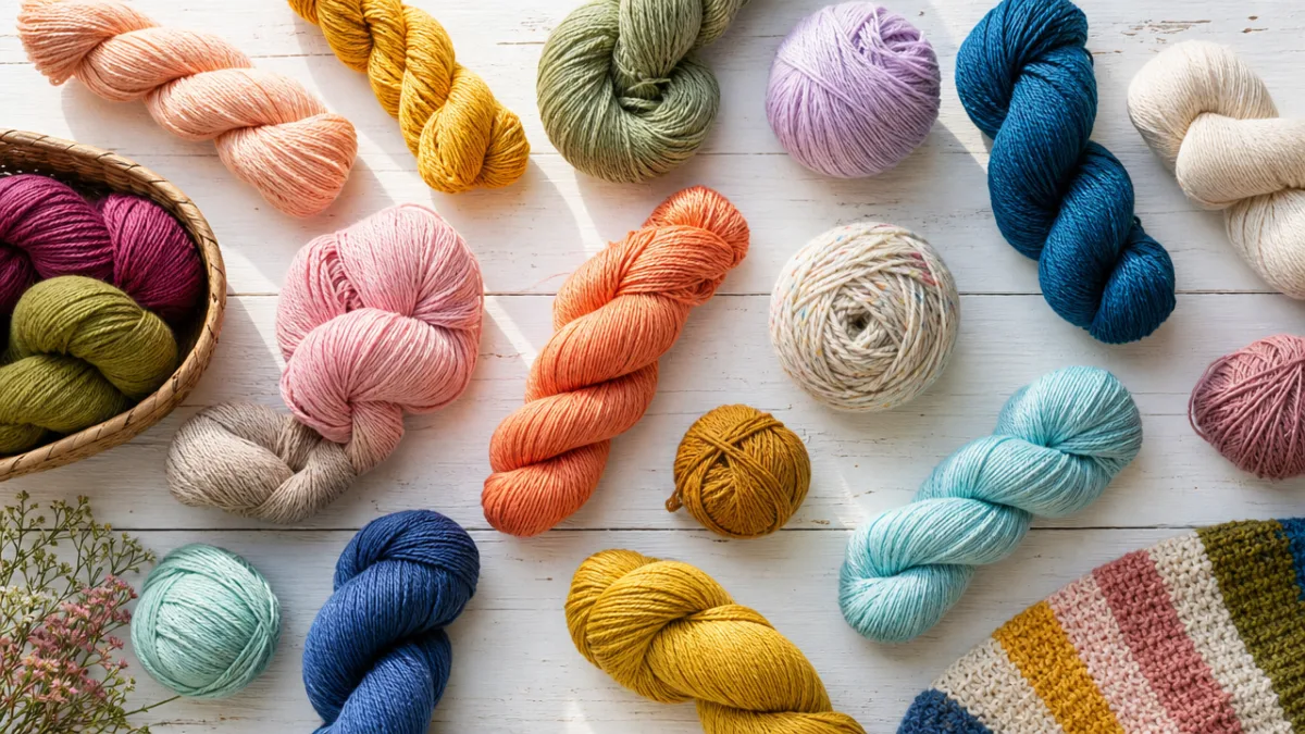 a colorful flat lay of yarn skeins in various colors spread across…