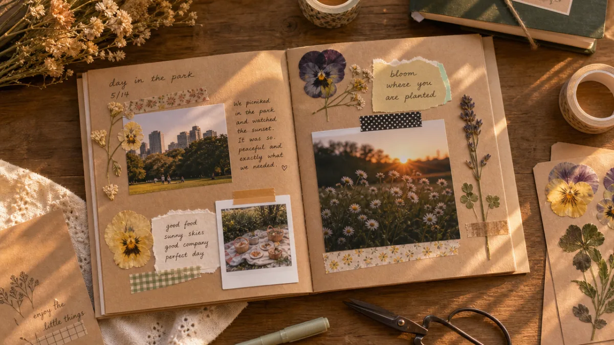 a flat lay of handmade scrapbook pages with pressed flowers, photographs, and…