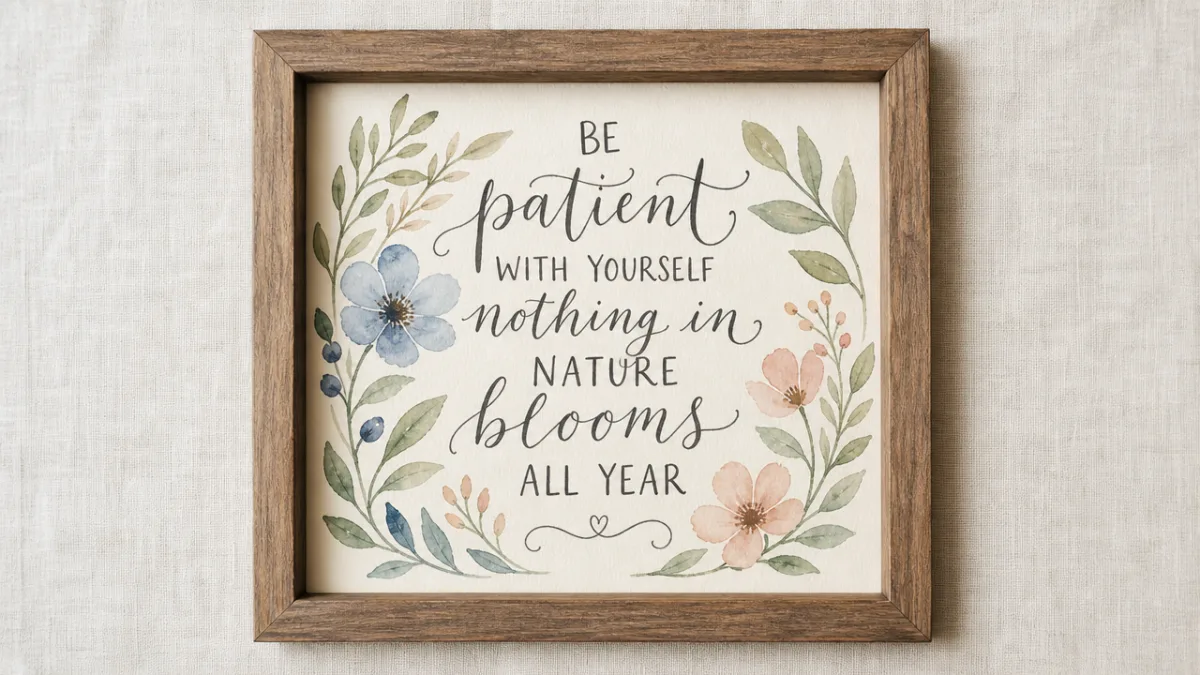 a hand-lettered watercolor art piece in a wooden frame on a light…