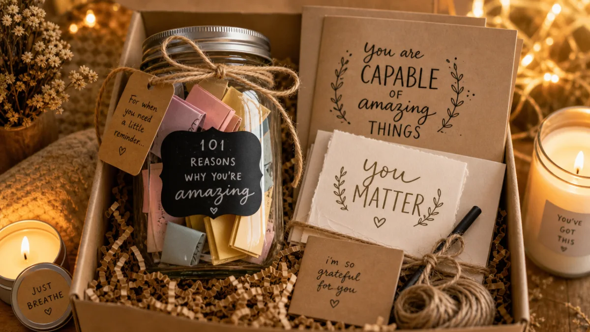 a beautifully arranged handmade gift set with a mason jar of folded…