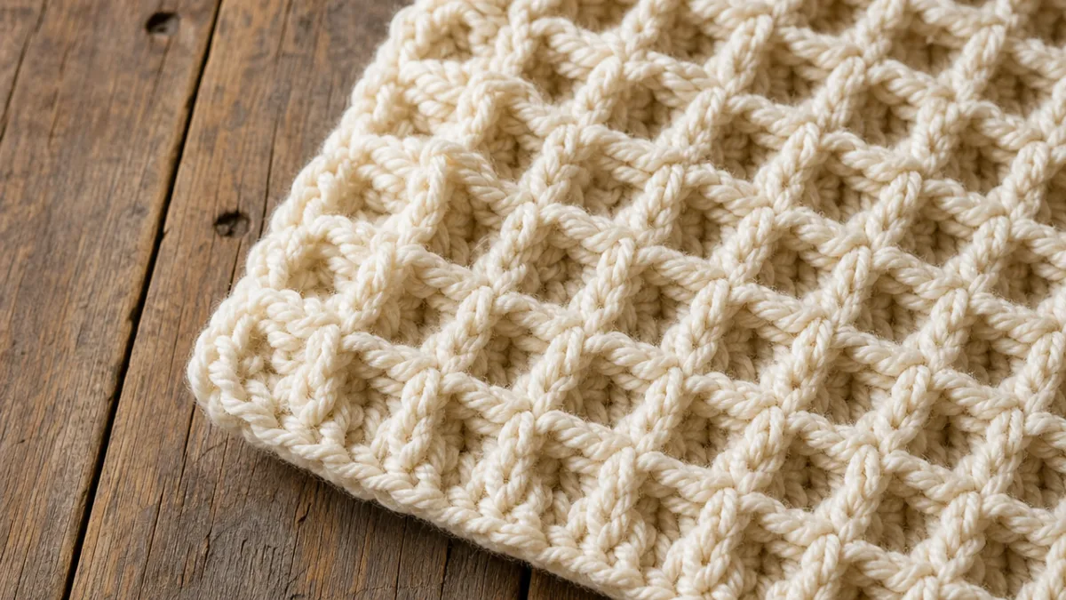 a close-up of a thick cream-colored crochet waffle stitch fabric on a…