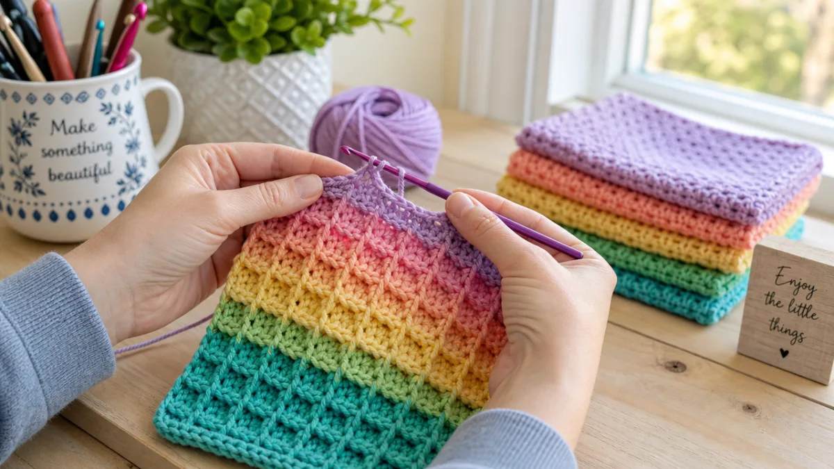 hands crocheting a colorful waffle stitch dishcloth at a bright wooden table,…