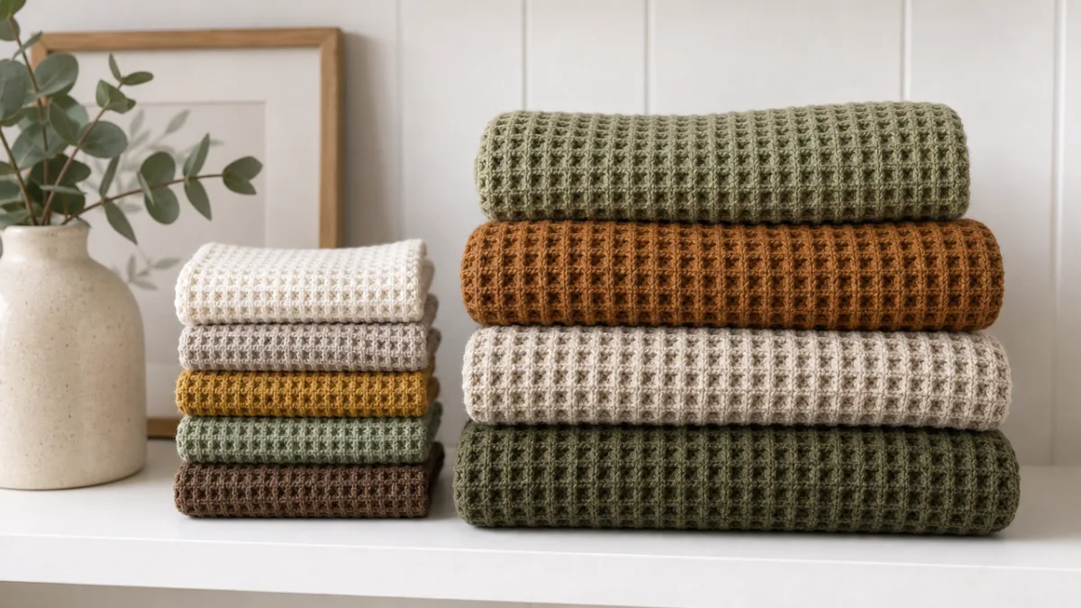 a neatly folded stack of waffle stitch blankets and dishcloths in earthy…