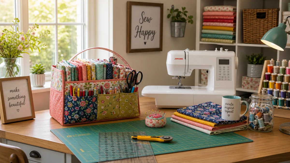 a neatly organized sewing workspace with colorful fabric caddy, tools arranged, warm…