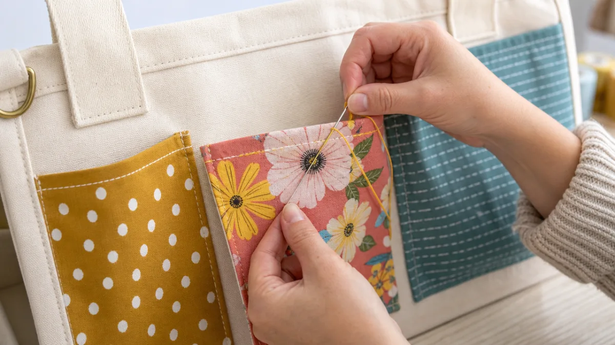 close-up of hands sewing colorful fabric pockets onto a canvas caddy panel,…