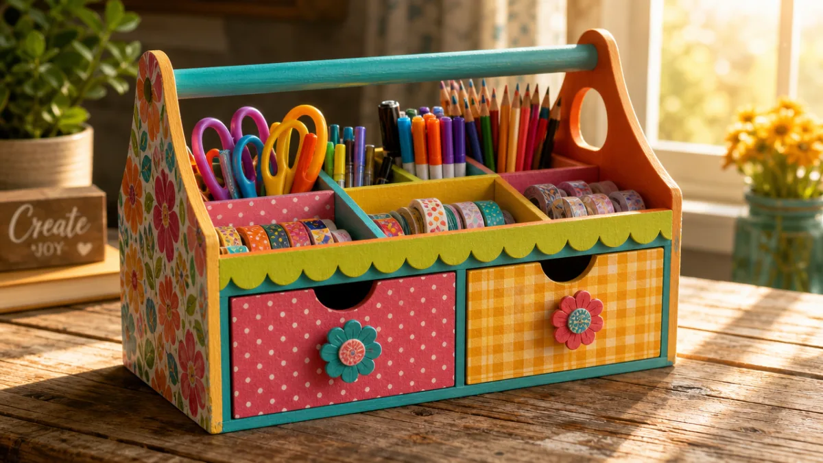 finished colorful craft caddy organizer displayed on a rustic wooden table, warm…