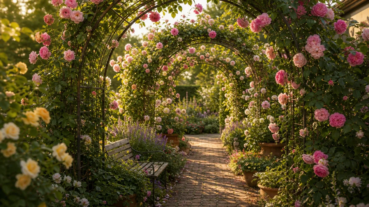 a lush garden pathway framed by wire arches draped in climbing roses,…
