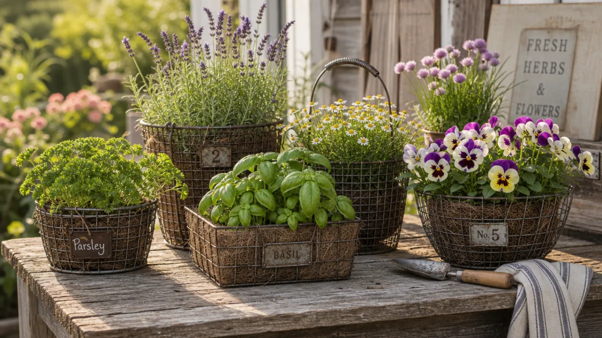 a collection of rustic wire planters filled with herbs and flowers on…