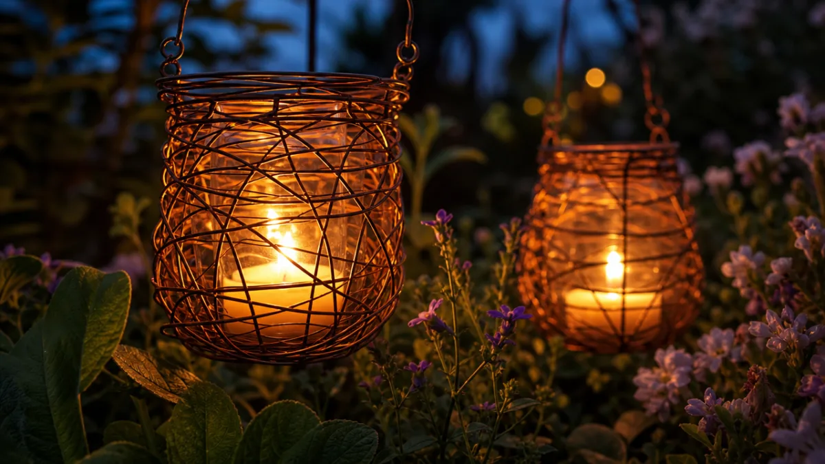 close-up of wire wrapped lanterns glowing warmly among garden plants at twilight,…
