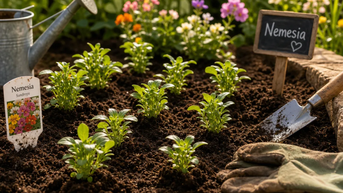 a garden bed with young Nemesia seedlings being planted in rich soil,…
