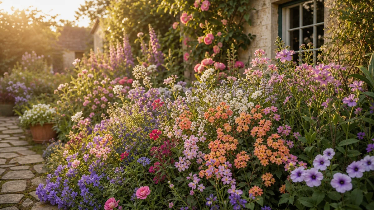 a lush cottage garden border with mixed flowering annuals including Nemesia, golden…