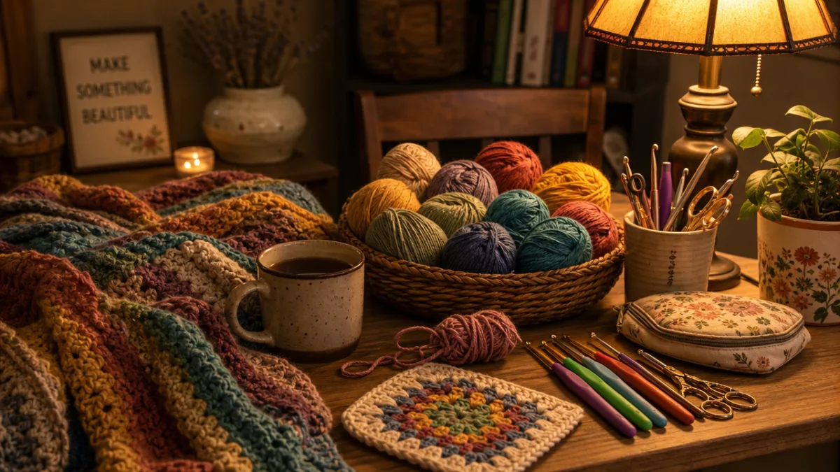 a cozy crafting table with colorful yarn skeins, crochet hooks, and a…