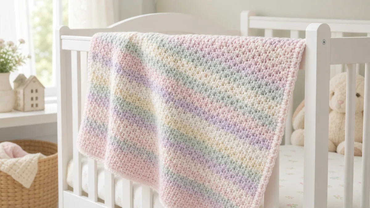 a soft pastel baby blanket with alpine stitch texture displayed on a…