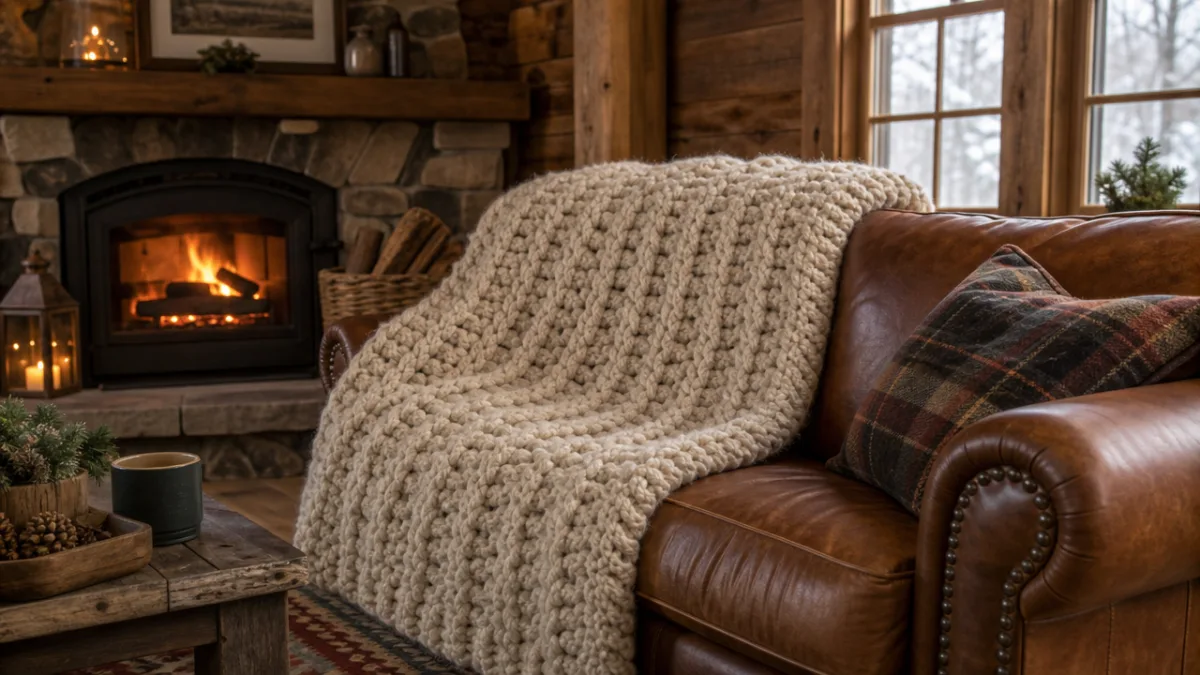 a large chunky alpine stitch blanket draped over a leather sofa in…