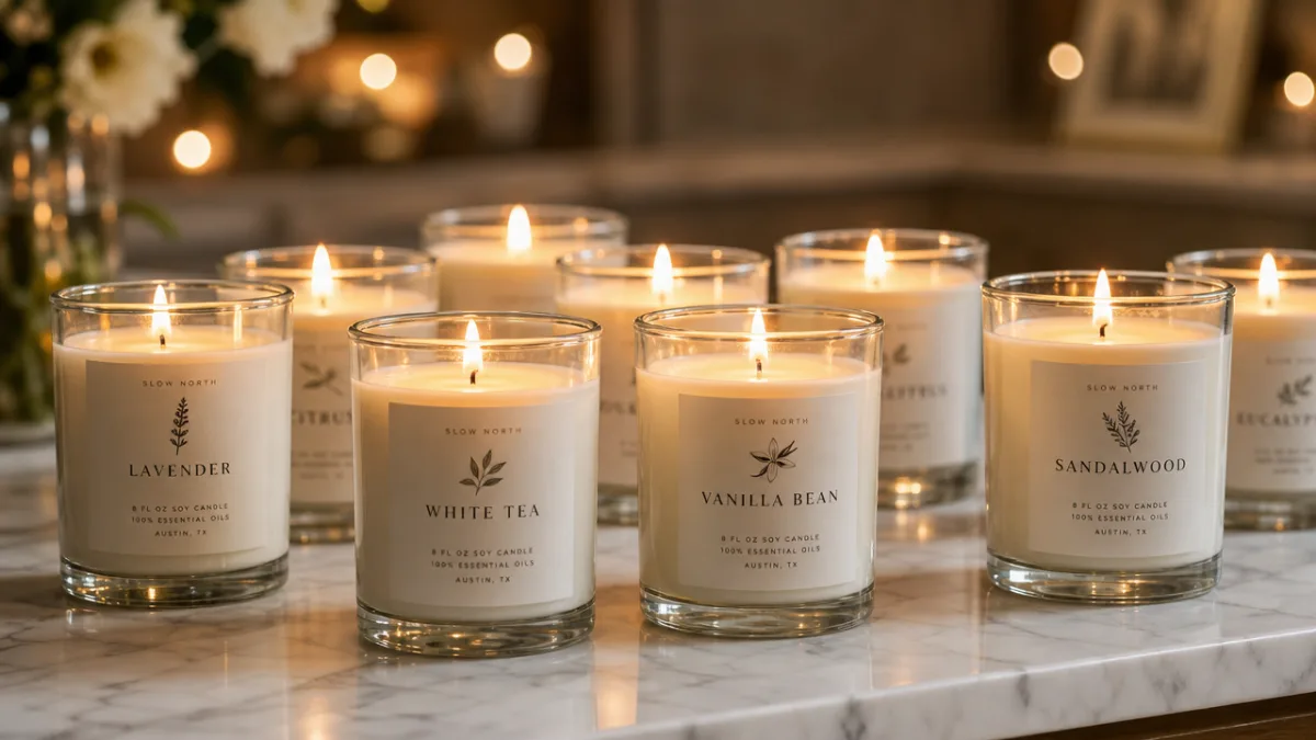 rows of elegant glass soy candles on a white marble surface, warm…