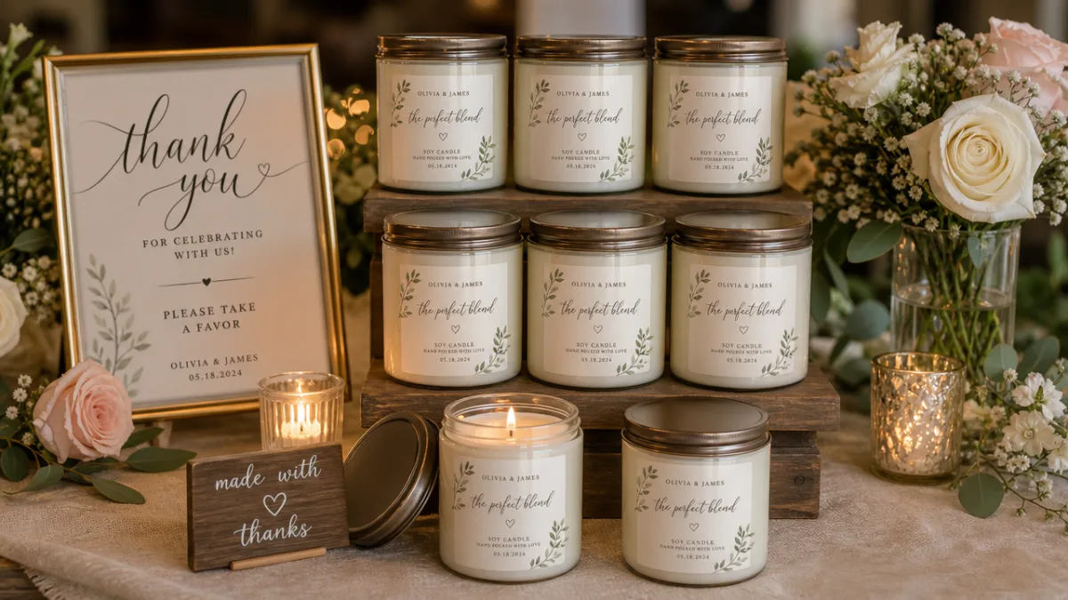 a beautifully arranged wedding favor table with custom labeled soy candles, soft…